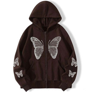 Custom Oversized Y2K Butterfly <b>Rhinestone</b> Zip Up Hoodie Men Women Streetwear Gothic Crystal Graphic Sweatshirt Brown <b>Jacket</b> - Product Image 5