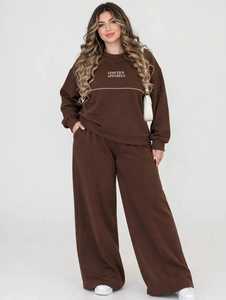 Ensemble de survêtement pour femme ONETEN APPARELS, col rond, marron, manches longues, coupe ample, décontracté, automne, 2 pièces - Product Image 1