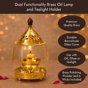 Brass Arpan Akhand Diya for Pooja with Curved Glass Cover 6.3" | Pital Decorative <b>Oil</b> <b>Lamp</b> for Pooja and Home Decor - Product Image 4