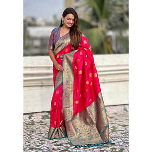 Sari de Seda Suave Rosa Elite Weaves con Diseño de Girasol Butta Meenakari Zari Tejido para Mujer - Product Image 1