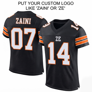 เสื้อฟุตบอลอเมริกันหญิง ผ้าโพลีเอสเตอร์ตาข่ายพรีเมียม 280 GSM สีดำ-ส้ม ดีไซน์แผงสี  งานปักแบบซับลิเมชั่นสั่งทำพิเศษ  แบบรีดร้อน - Product Image 1