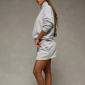 Custom Women's Gray Hoodie and Shorts <b>Set</b> Loose Fit <b>Knitted</b> Cotton Casual Streetwear Drawstring Elastic Waist Solid Color OEM - Product Image 3