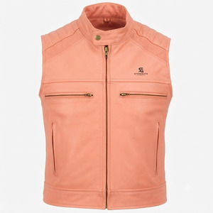<b>Women</b> Genuine Leather Motorcycle Vest Vintage Slim Fit Biker <b>Waistcoat</b> Sleeveless Fashion Outerwear Pockets Zipper Casual Wear - Product Image 2