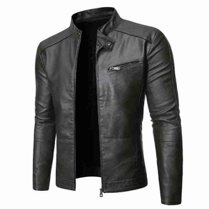 New Style Men's Brown PU Leather <b>Jacket</b> <b>Slim</b> <b>Fit</b> Stand Collar Zipper Closure Autumn Style Solid Color Regular Length - Product Image 6