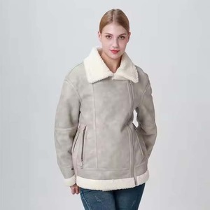 Women Shearling Bomber <b>Jacket</b> With Fur Trim Zipper Closure Winter Warm Coat Full Sleeve <b>Suede</b> <b>Leather</b> Style - Product Image 1