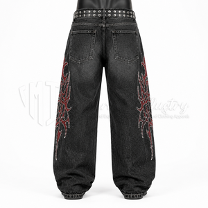Jean en denim taille haute à jambe large pour homme, en coton, style punk, avec rivets et déchirures, coupe ample, streetwear automne - Product Image 2
