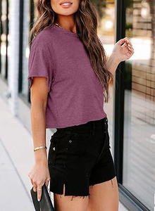 Custom <b>Purple</b> Color 100% Cotton Loose Regular Fit Cotton Made Short Length Cropped Top <b>TShirt</b> Breathable OEM Hot Selling LOW MOQ - Product Image 2