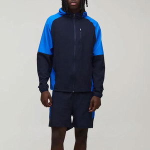 Ensemble de survêtement bleu à capuche pour homme, style sportif color block, séchage rapide, coupe régulière, manches longues, fermeture éclair sur le devant, poches, short - Product Image 1