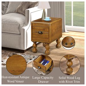 Solid Wood Rectangle 23.6 Inch Narrow Side <b>Table</b> Drawer Vintage <b>Bedside</b> Nightstand for <b>Small</b> Spaces End <b>Table</b> - Product Image 3