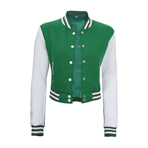 Manufacturer Custom Womens Varsity Jacket Sweatshirt Cowhide Leather Sleeves Embroidered Chenille Green - Product Image 4