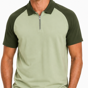Top selling Men's Sage Green and Olive Green Quarter <b>Zip</b> <b>Polo</b> Shirt Color Block Raglan Sleeve Custom Logo Golf Shirts - Product Image 2