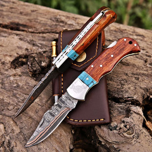 New Edition Cu-Mai Copper Damascus Folding Pocket Hunting Knife Drop Point Blade Stone Wood Steel Bolster Handle Back <b>Lock</b> 6.5" - Product Image 3