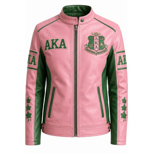 Chaqueta Bomber Rosa Bordada Alpha Kappa Alpha AKA para Mujer, Estilo Moto, Cuello Alto, Cierre de Cremallera, Detalles Verdes - Product Image 2