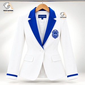 Blazer blanc pour femme de la sororité Zeta Phi Beta, vêtements grecs, bordure bleu roi, logo brodé, manches longues, col cranté - Product Image 4