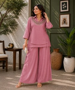 Ensemble Kurta Palazzo en soie rose vintage traditionnel pour femmes, coupe ample, séchage rapide, style Inde Pakistan, tenue décontractée 86109 VRINDAVAN- VF - Product Image 2
