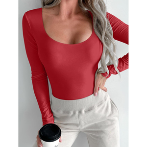 Premium Women's Corel Red Long Sleeve Bodysuit Scoop Neck Solid <b>Bodycon</b> Stretch Skinny Top Square Neck Comfortable OEM ODM - Product Image 4