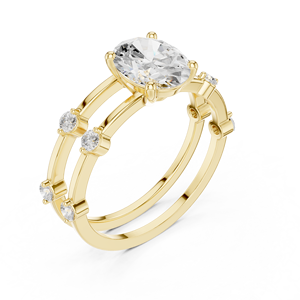 Bague de fiançailles en or jaune avec diamant de laboratoire taille ovale, ensemble double alliance de mariage et de promesse pour femme - Product Image 1