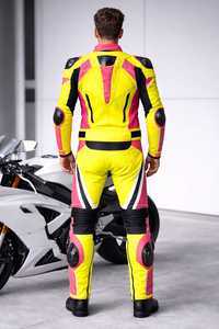 Lenvique Men's Yellow Pink 1.3MM 220g <b>Motorcycle</b> Racing Suit Full Sleeve Color Blocked Protective Riding <b>Jacket</b> Trousers - Product Image 2