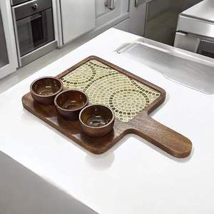 Elegant Wooden Party Serving Tray with 3 <b>mini</b> bowl Decorative Tile Centerpiece and Wooden Bowls for Snacks and Sauces - Product Image 1