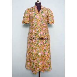 Robe midi florale en coton 100% écologique pour femme, style kangourou, col en V, manches courtes, décoration boutonnée, lavable - Product Image 3