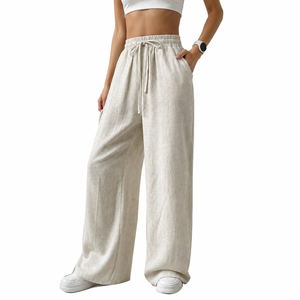 Pantalon en lin à taille haute et jambes larges pour femmes, coupe ample, couleur unie, longueur complète, pantalon décontracté d'été avec poches - Product Image 4