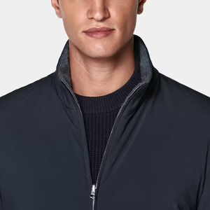 <b>Men's</b> Navy Bomber <b>Jacket</b> Stand Collar Zipper Closure Regular Fit Polyester Windproof <b>Smart</b> Casual Autumn Wear - Product Image 4