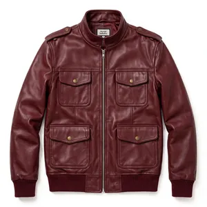 Chaqueta bomber de cuero burdeos para hombre con cuello alto, cierre de cremallera, 4 bolsillos y puños acanalados estilo motero - Product Image 1