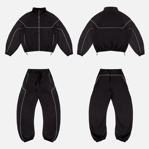 Men's Black <b>Stand</b> Collar Zipper Jacket Solid Color Sporty Style Autumn Wear Polyester Fabric Breathable Design - Product Image 2