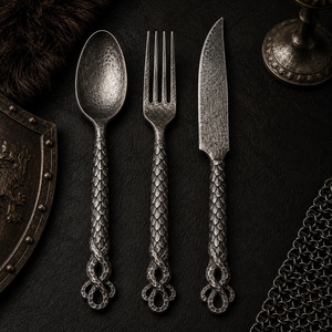 Cuchara, tenedor y cuchillo de acero forjado a mano, utensilios de comedor duraderos para acampar, viajar y uso diario, juego de cubiertos medieval - Product Image 4