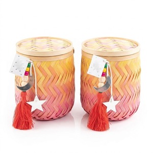 Colorful Bamboo Rattan Medium Round Gift <b>Box</b> with Lid for Ramadan Kareem and Gergean Handmade Decorative <b>Storage</b> Basket Vietnam - Product Image 1