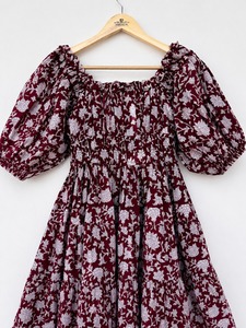 Deep Red Floral 100% Cotton Shirred Maxi Dress Boho Resort Vacation Wear Flowy <b>Summer</b> Short Sleeve Dress Festive Outfit - Product Image 2
