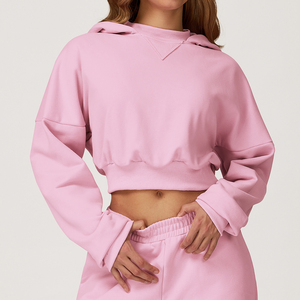 Sweat-shirt à capuche court en tricot marron pour femme, manches longues, coupe ample, vêtements de sport pour la course à pied et le fitness - Product Image 4