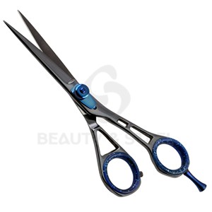 Tijeras Profesionales para Cortar Cabello Negro con Pivote de Tensión Azul, Borde Convexo Afilado, Tijeras de Barbero para un Estilizado Preciso - Product Image 1