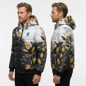 Chaqueta Acolchada con Capucha para Hombre, Estampado Floral, Cortavientos, Invierno, Casual, Cierre de Cremallera, 100% Poliéster, Corte Regular - Product Image 6