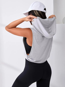 Haut court à capuche pour femme, idéal pour le sport et la gym, en Spandex/Coton respirant et écologique, personnalisable OEM, avec cordon de serrage et motif lettres, style décontracté - Product Image 4