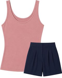 Customized Dusty Pink Tank <b>Top</b> With Navy Blue Shorts Women Two Piece Summer Lounge Wear Casual Soft Stretch Matching Set Outfit - Product Image 1
