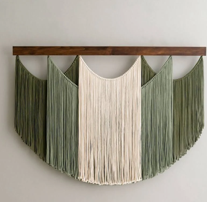 Large Sage Green <b>White</b> Vertical Macrame Wall Decal Contemporary Design Featuring Beautiful Wave Made Dense Tassels Available - Product Image 6
