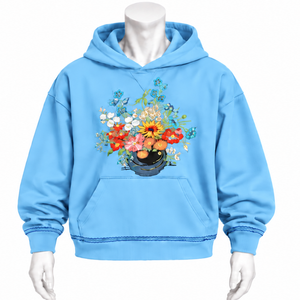 Sweat-shirt à capuche bleu ciel avec broderie florale multicolore, poche kangourou, coupe ample, style streetwear décontracté - Product Image 1