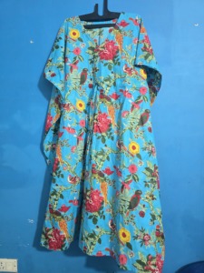 Vestido Kaftán Ecológico 100% Algodón de la India para Mujer, Cintura Natural, Estampado de Pájaros Turquesa, Suave, Holgado, Verano, Cierre Elástico en la Cintura - Product Image 2