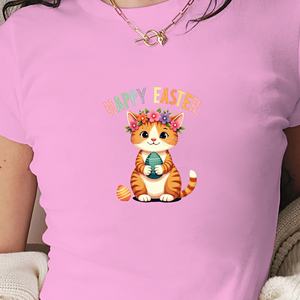 เสื้อยืดสั้นแฟชั่นผู้หญิงลายแมวแฮปปี้อีสเตอร์ - Product Image 3