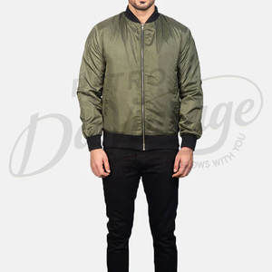 Blouson bomber en satin vert olive pour homme, léger, style aviateur, avec bordure côtelée noire et fermeture éclair sur le devant, vêtement d'extérieur décontracté - Product Image 3