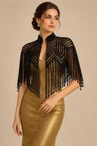 Cape à franges perlées noires, veste de soirée de luxe, boléro - Product Image 5