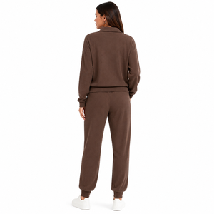Y2K Women's Brown Tracksuit Set Quarter <b>Zip</b> Pullover <b>Jogger</b> Pants Ribbed Texture Casual Loungewear OEM Wholesale Custom Logo - Product Image 2