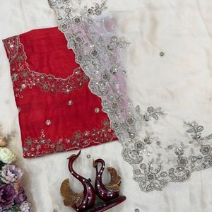Sari en soie Rangoli doux avec broderie de sequins et blouse de designer Banglori lourde - Product Image 3