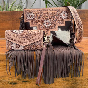 Nueva moda de alta calidad, bolso cruzado con flecos de cuero de vaca genuino y bolso de mano, conjunto combinado de 2 piezas para mujer - Product Image 4
