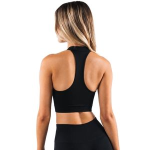 Black Women's Seamless Quarter <b>Zip</b> Halter Athletic <b>Crop</b> Top Moisture Wicking Workout Shirt for Yoga Gym Fitness Running - Product Image 2