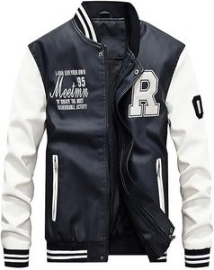 Chaqueta Varsity Unisex de Mezcla de Lana, Negra con Mangas Blancas, Estampado de la Letra R, Cuello Alto, Cierre de Cremallera Transpirable, Ropa Casual de Invierno - Product Image 1