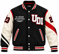 Veste universitaire noire personnalisée avec manches rouges et blanches, veste bomber brodée, fabricant de vêtements streetwear OEM, fournisseur en gros