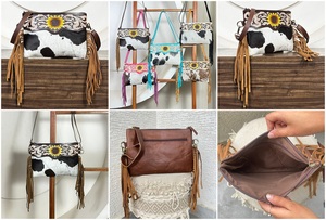 Hot Selling Premium Brown Tooled Leather Crossbody Fringe Bags New Hair on Fur Leather Sunflower Pattern Ladies Shoulder Bags - Product Image 3