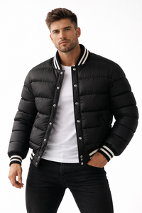 Nouvelle veste matelassée noire style universitaire pour homme, manteau bomber d'hiver matelassé à boutons-pression, col côtelé, streetwear, vêtement d'extérieur - Product Image 4